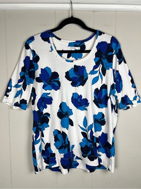 Chico's Tops - Chico's White Tee with Blue Floral Print Size 3 (XL)